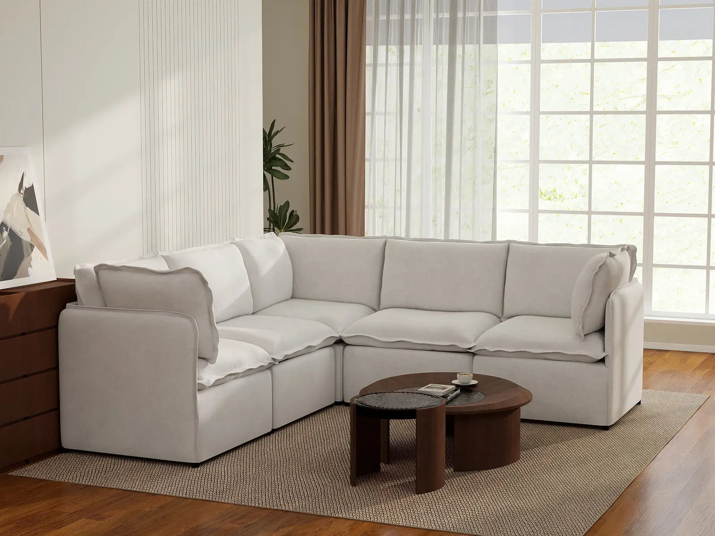 Deluxe Cloud 5-Seater Beige Large Space V-Shaped Sectional | 5-Piece, Linen Look Poly Fabric, Easy To Clean