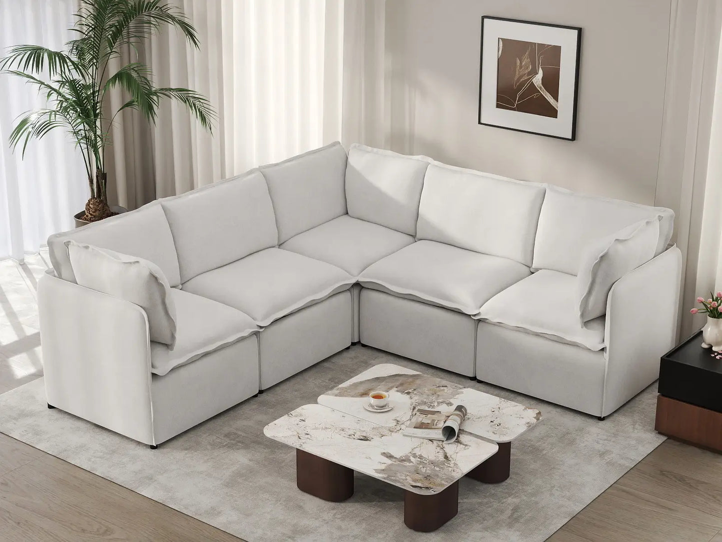 Deluxe Cloud 5-Seater Beige Large Space V-Shaped Sectional | 5-Piece, Linen Look Poly Fabric, Easy To Clean