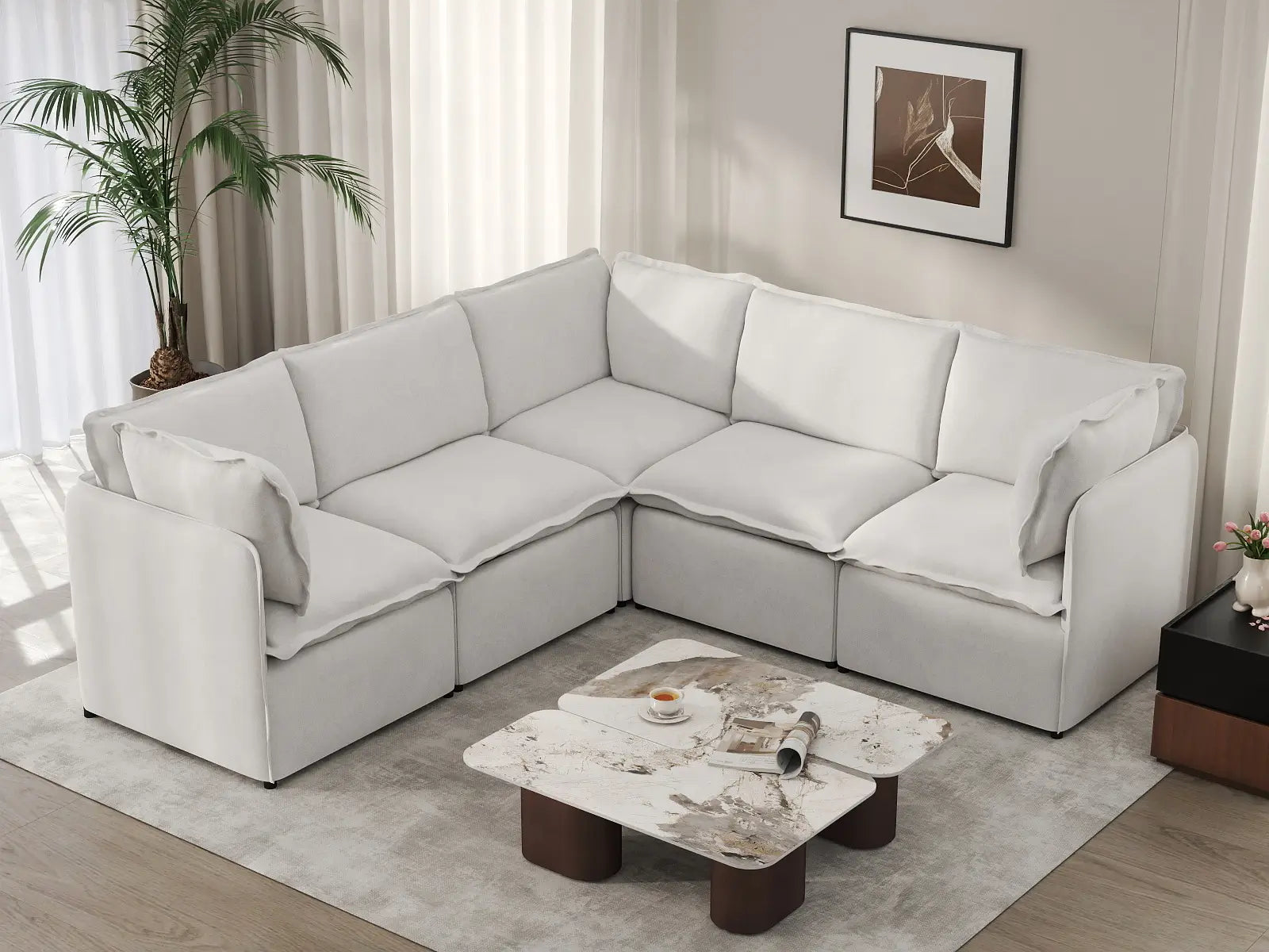Deluxe Cloud 5-Seater Beige Large Space V-Shaped Sectional | 5-Piece, Linen Look Poly Fabric, Easy To Clean