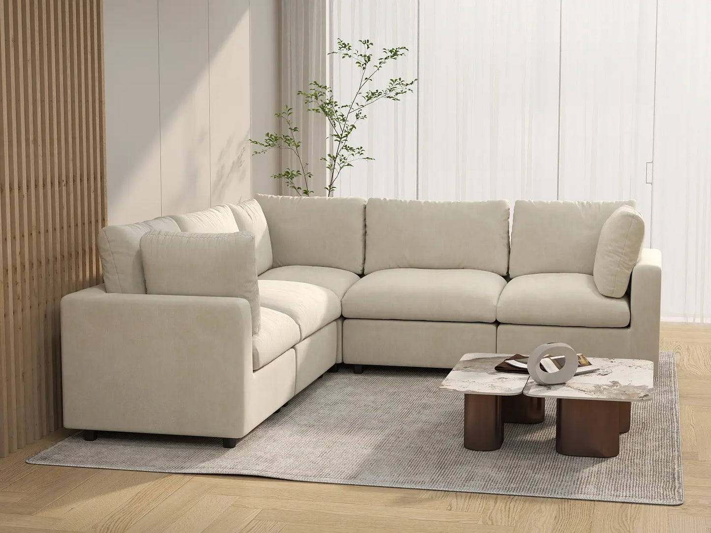 Seccional en forma de V grande de lujo Cloud de 5 plazas color beige | 5 piezas, tela de chenilla de mezcla de lino, fácil de limpiar