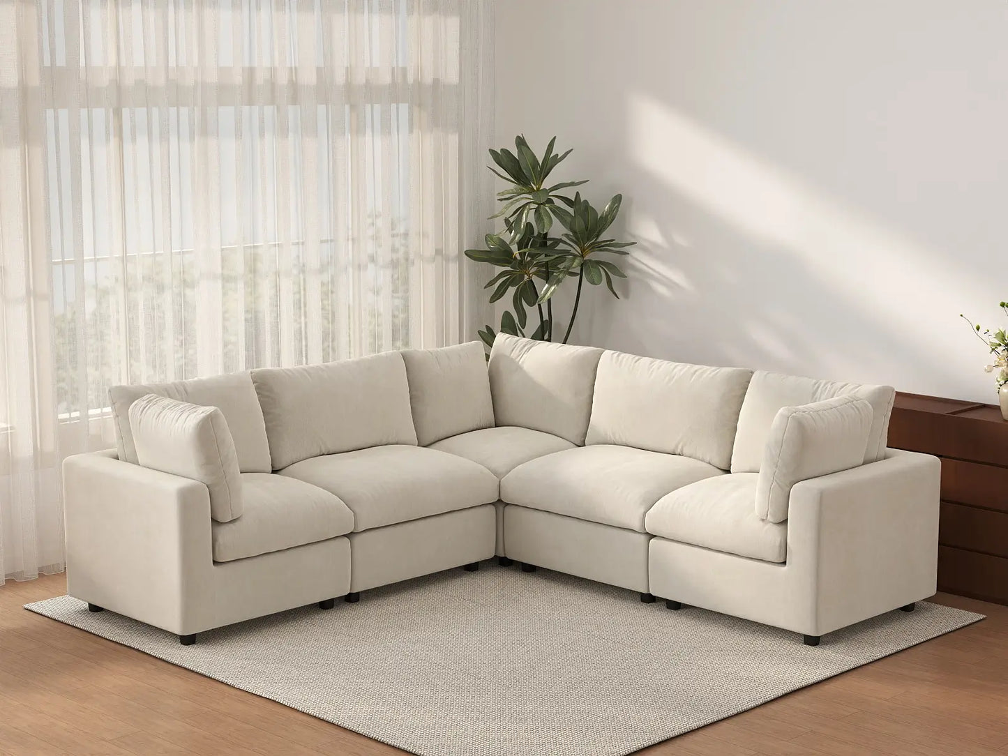 Seccional en forma de V grande de lujo Cloud de 5 plazas color beige | 5 piezas, tela de chenilla de mezcla de lino, fácil de limpiar