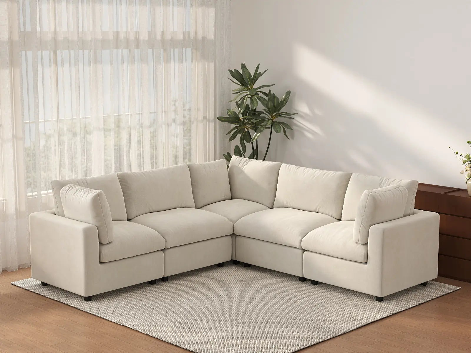 Seccional en forma de V grande de lujo Cloud de 5 plazas color beige | 5 piezas, tela de chenilla de mezcla de lino, fácil de limpiar