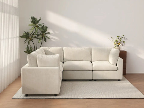 Seccional en forma de V grande de lujo Cloud de 5 plazas color beige | 5 piezas, tela de chenilla de mezcla de lino, fácil de limpiar