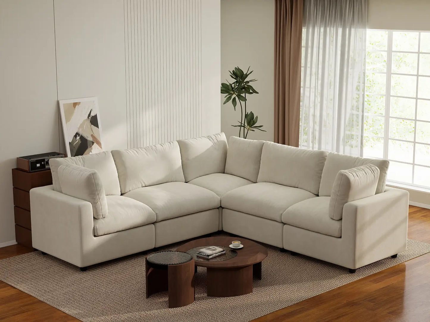 Seccional en forma de V grande de lujo Cloud de 5 plazas color beige | 5 piezas, tela de chenilla de mezcla de lino, fácil de limpiar