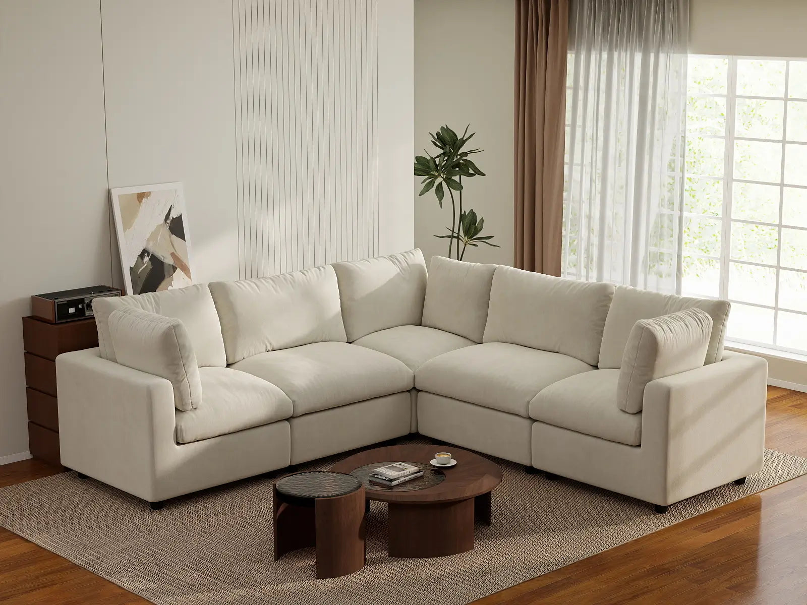 Seccional en forma de V grande de lujo Cloud de 5 plazas color beige | 5 piezas, tela de chenilla de mezcla de lino, fácil de limpiar