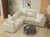 Seccional en forma de V grande de lujo Cloud de 5 plazas color beige | 5 piezas, tela de chenilla de mezcla de lino, fácil de limpiar