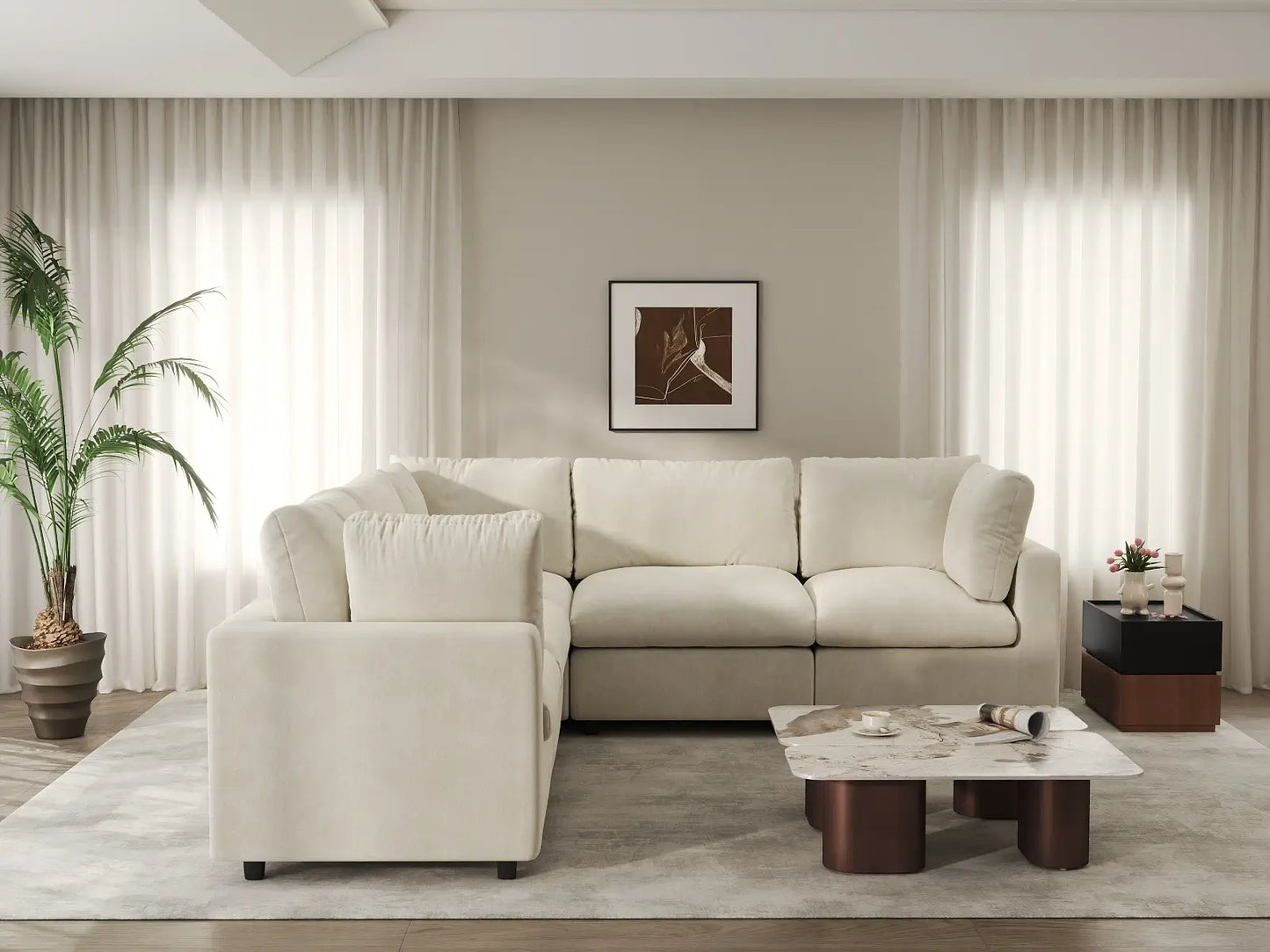Seccional en forma de V grande de lujo Cloud de 5 plazas color beige | 5 piezas, tela de chenilla de mezcla de lino, fácil de limpiar