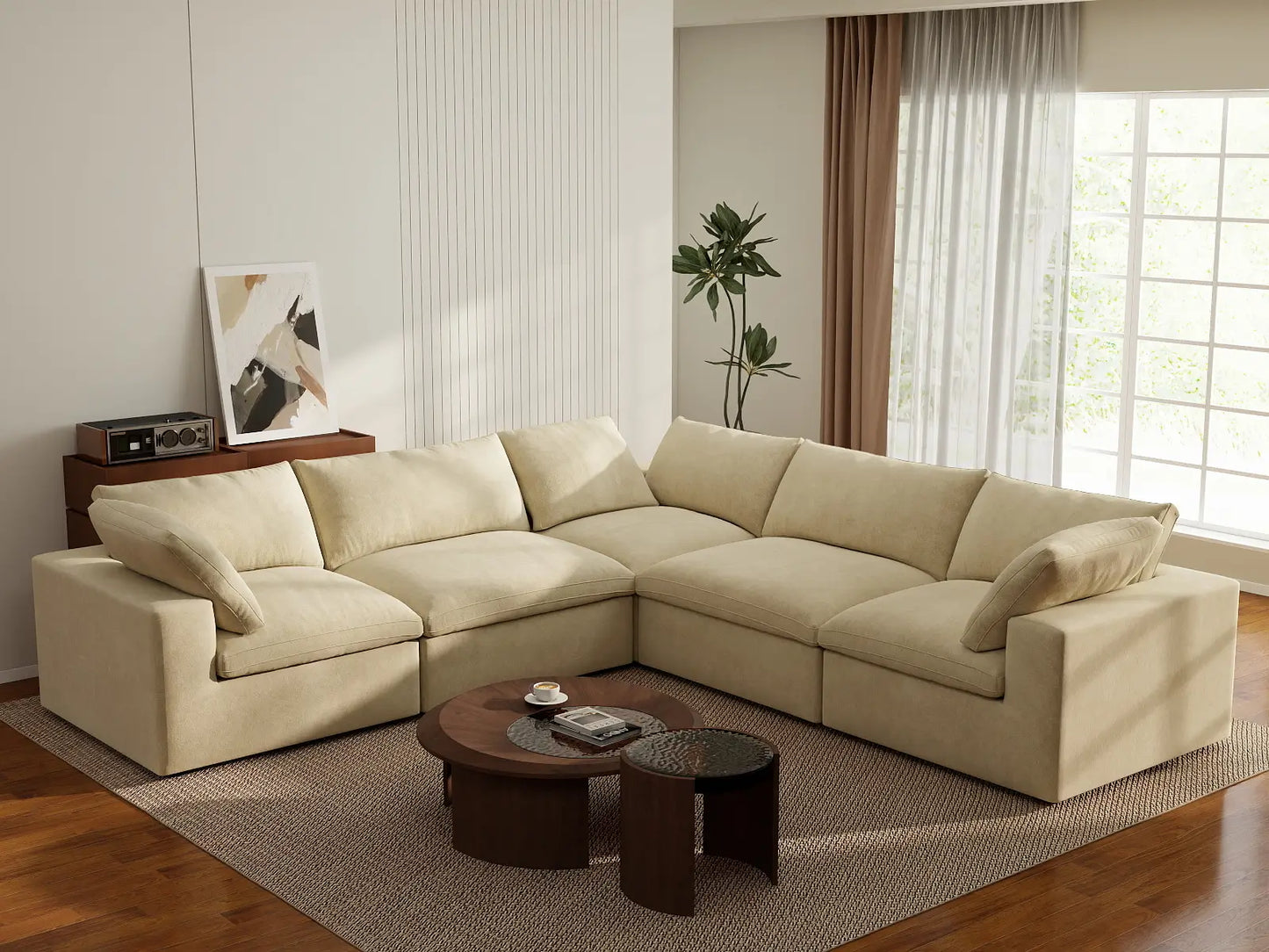 Deluxe Cloud 5-Seater Beige V-Shaped Sectional | 5-Piece, Velvet Fabric, Living Room Seating, Washable Cushion Covers