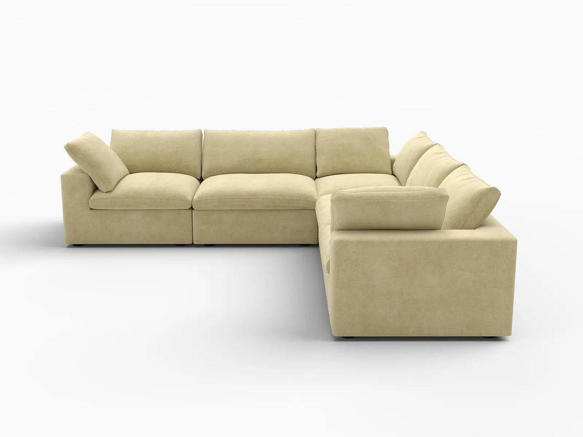 Deluxe Cloud 5-Seater Beige V-Shaped Sectional | 5-Piece, Velvet Fabric, Living Room Seating, Washable Cushion Covers