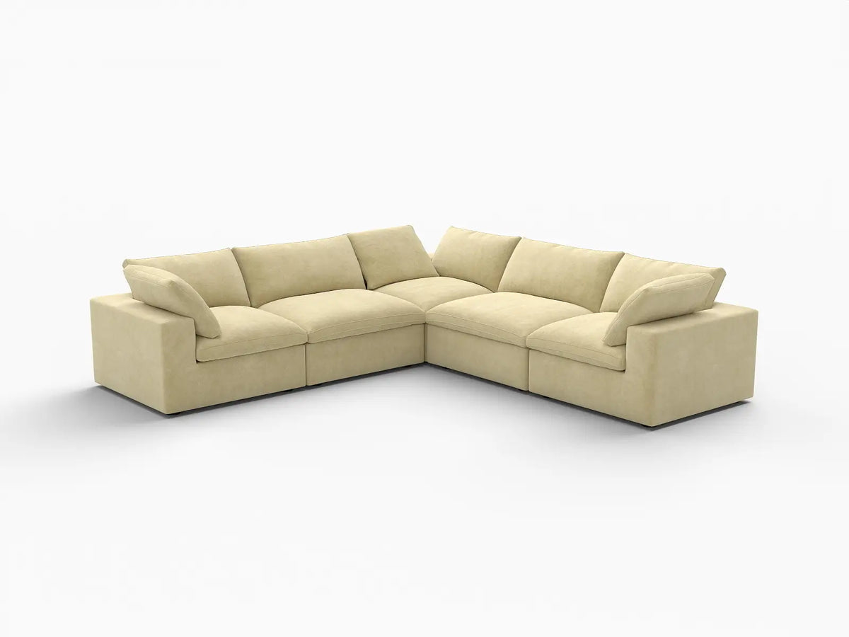 Deluxe Cloud 5-Seater Beige V-Shaped Sectional | 5-Piece, Velvet Fabric, Living Room Seating, Washable Cushion Covers