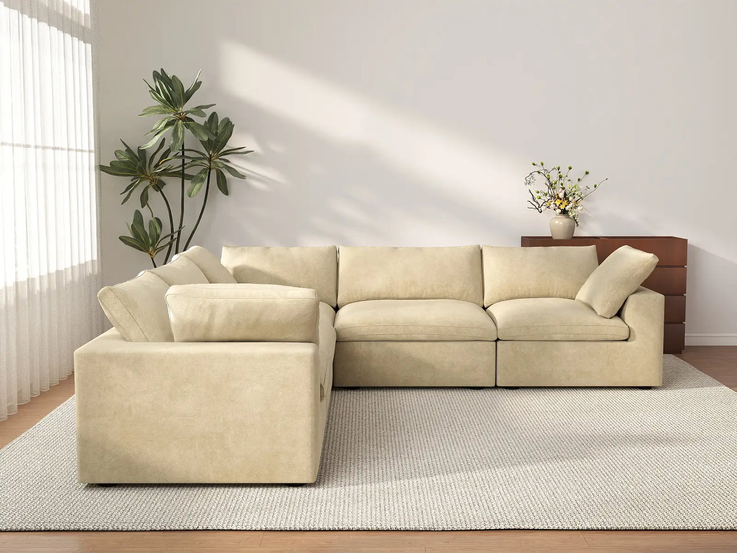 Deluxe Cloud 5-Seater Beige V-Shaped Sectional | 5-Piece, Velvet Fabric, Living Room Seating, Washable Cushion Covers