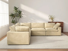 Deluxe Cloud 5-Seater Beige V-Shaped Sectional | 5-Piece, Velvet Fabric, Living Room Seating, Washable Cushion Covers