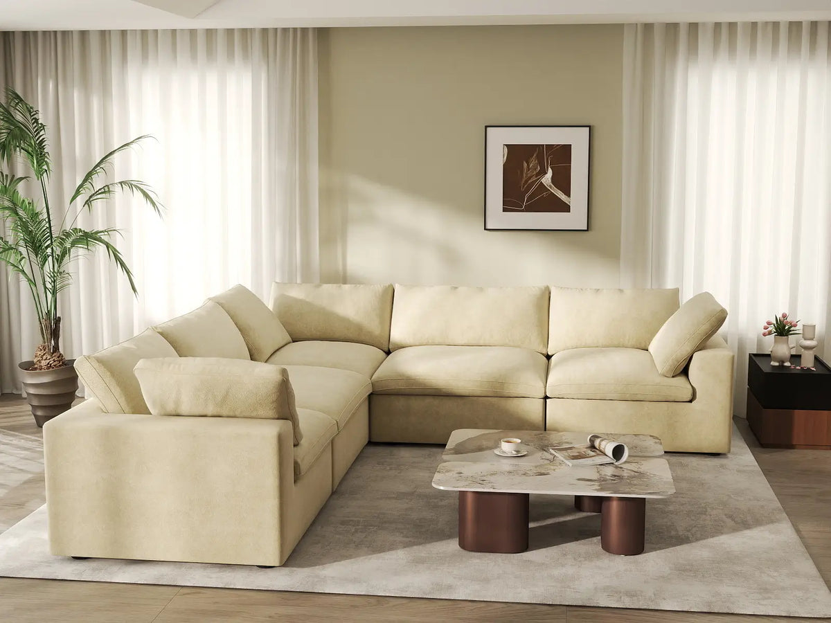 Deluxe Cloud 5-Seater Beige V-Shaped Sectional | 5-Piece, Velvet Fabric, Living Room Seating, Washable Cushion Covers