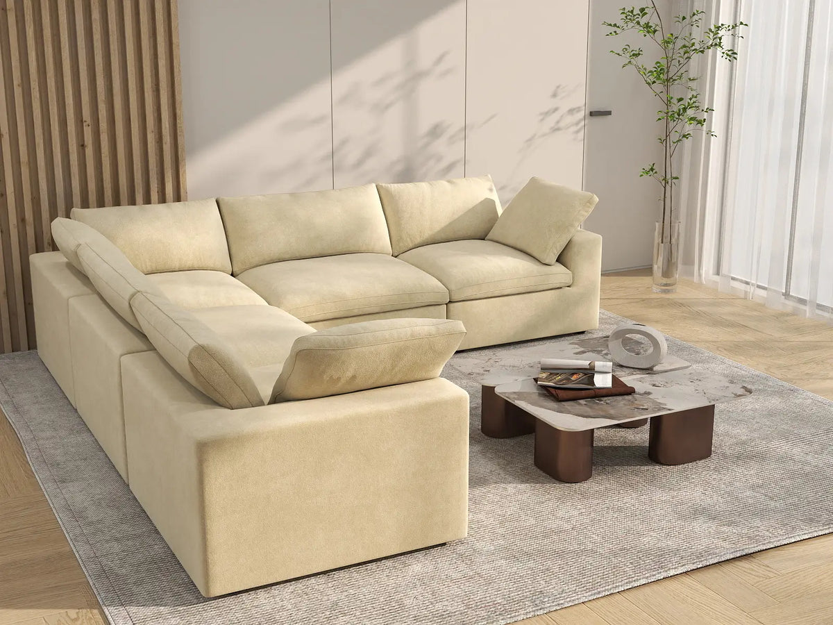 Deluxe Cloud 5-Seater Beige V-Shaped Sectional | 5-Piece, Velvet Fabric, Living Room Seating, Washable Cushion Covers