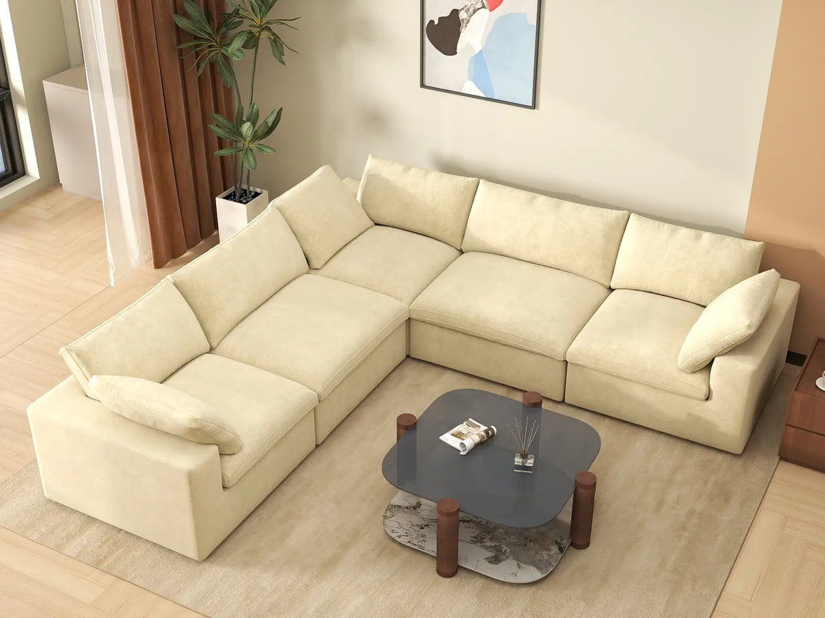 Deluxe Cloud 5-Seater Beige V-Shaped Sectional | 5-Piece, Velvet Fabric, Living Room Seating, Washable Cushion Covers