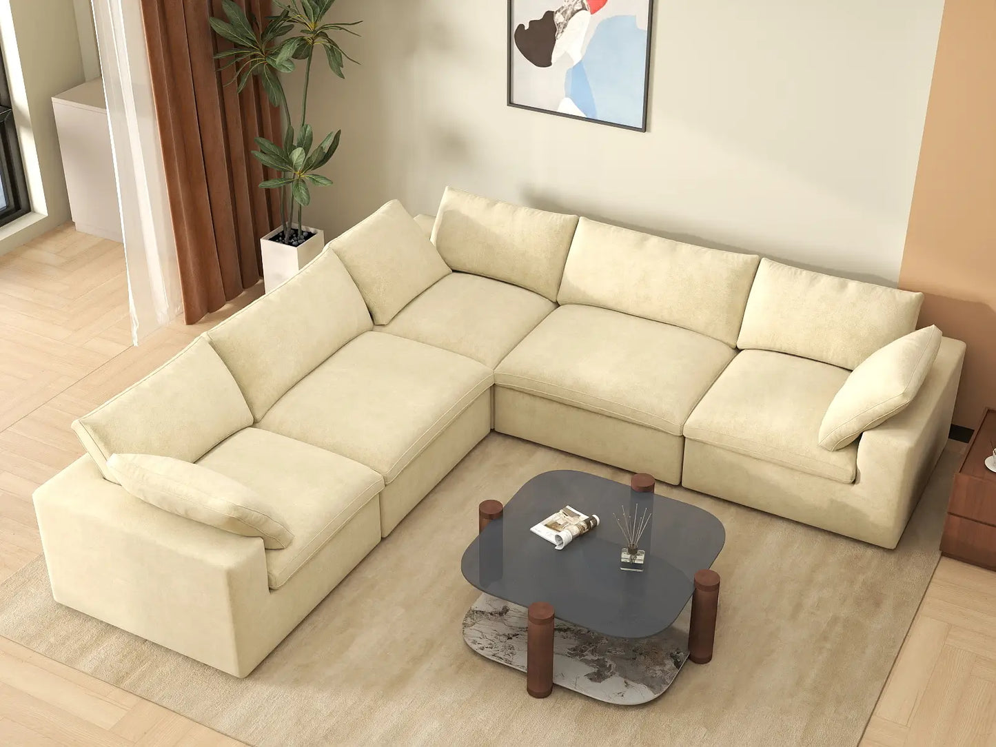 Deluxe Cloud 5-Seater Beige V-Shaped Sectional | 5-Piece, Velvet Fabric, Living Room Seating, Washable Cushion Covers