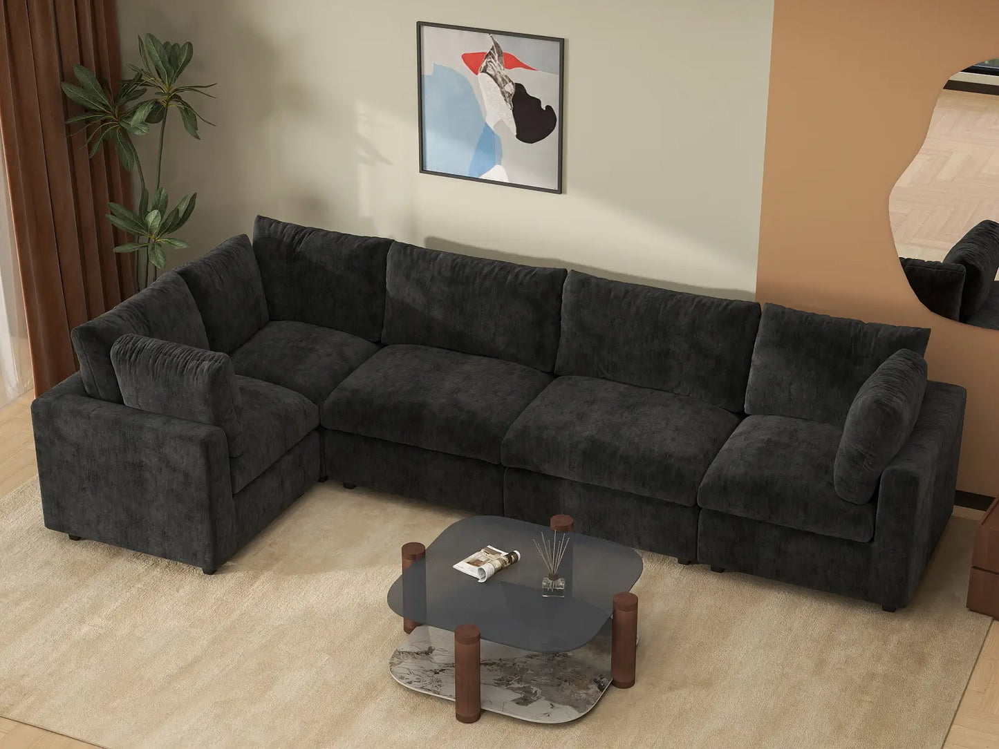 Fundas de sofá seccional Lounge Cloud | Funda de sofá chenilla mezcla de lino negro para 5 plazas