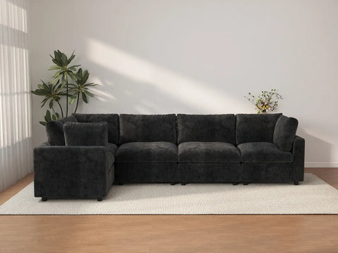 Sofá seccional de lujo en forma de L de 5 plazas Cloud negro | 5 piezas, tela de chenilla mezcla de lino, fundas de cojín lavables