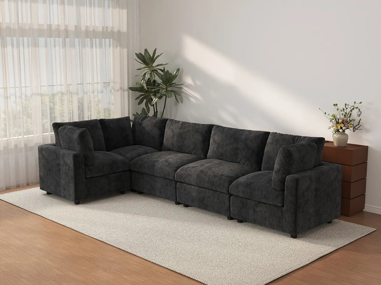 Sofá seccional de lujo en forma de L de 5 plazas Cloud negro | 5 piezas, tela de chenilla mezcla de lino, fundas de cojín lavables