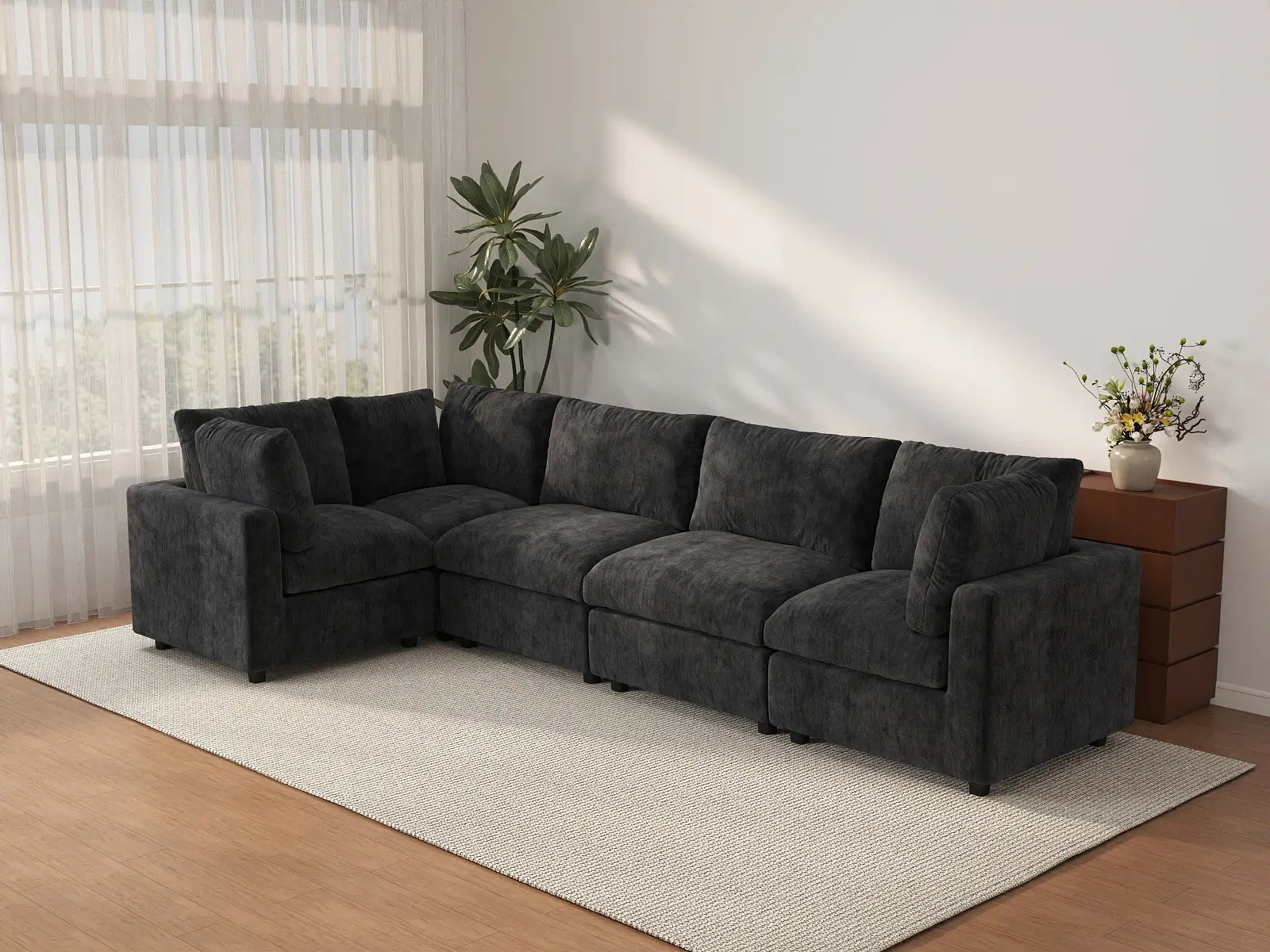 Sofá seccional de lujo en forma de L de 5 plazas Cloud negro | 5 piezas, tela de chenilla mezcla de lino, fundas de cojín lavables