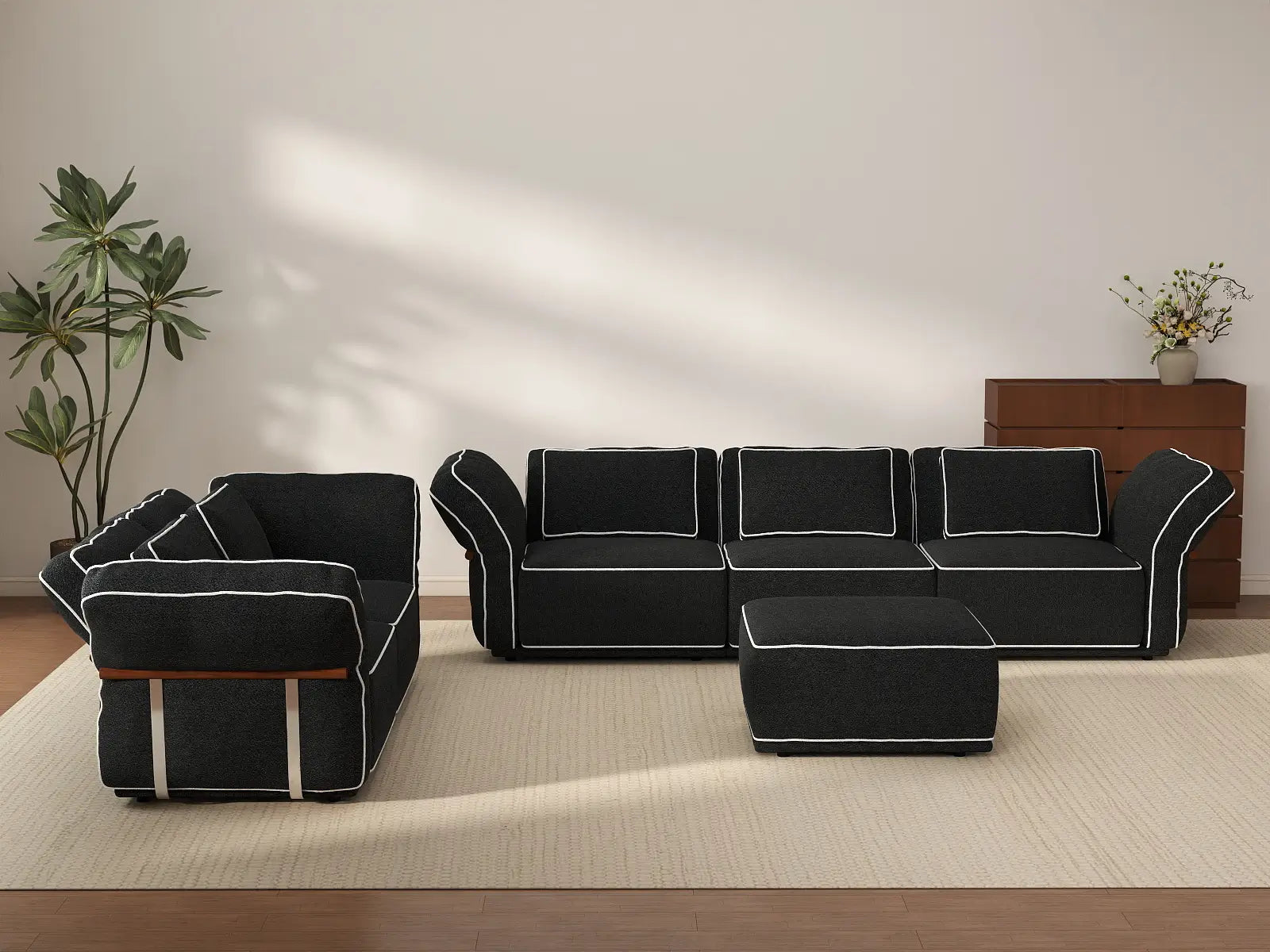 Deluxe Cloud 5-Seater Black Large Space L-Shaped Sectional | 6-Piece (Includes 1 Ottoman), Bouclé Sherpa-Like Fabric, Easy To Clean