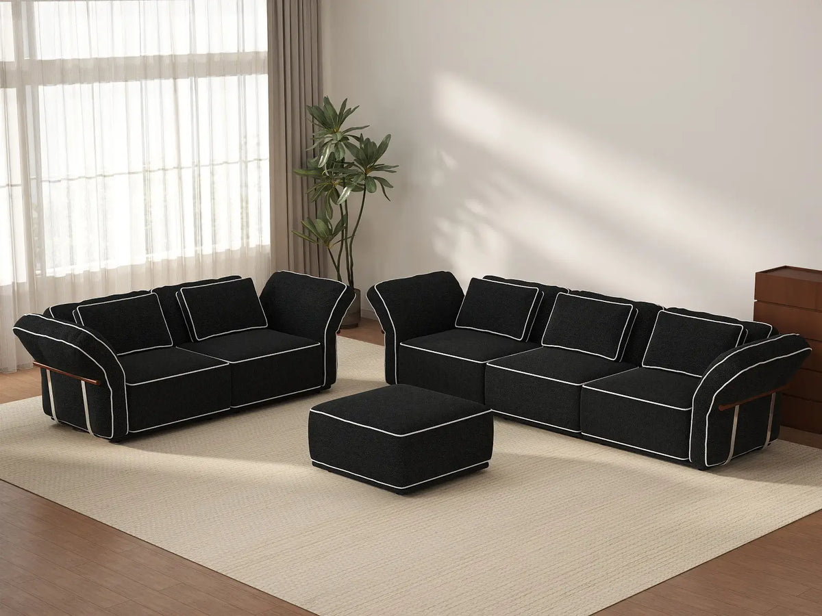 Deluxe Cloud 5-Seater Black Large Space L-Shaped Sectional | 6-Piece (Includes 1 Ottoman), Bouclé Sherpa-Like Fabric, Easy To Clean