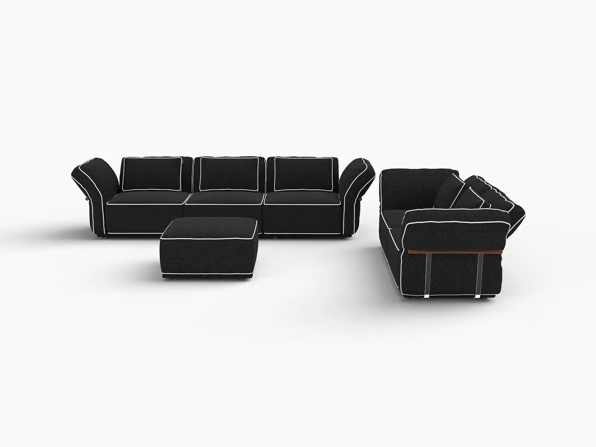 Deluxe Cloud 5-Seater Black Large Space L-Shaped Sectional | 6-Piece (Includes 1 Ottoman), Bouclé Sherpa-Like Fabric, Easy To Clean