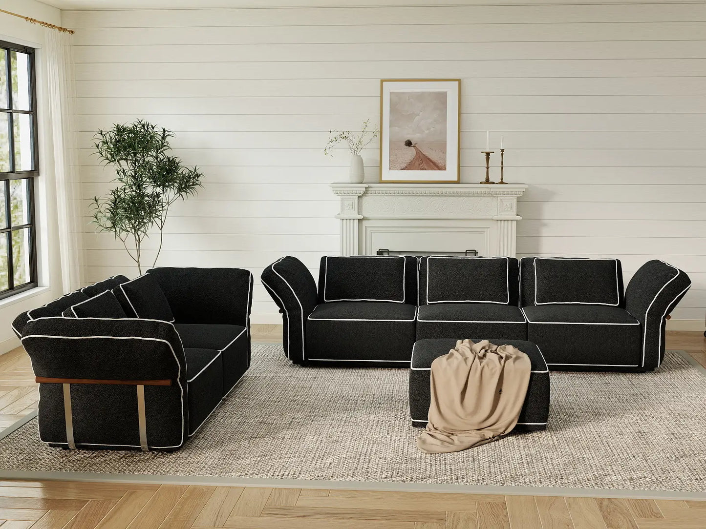 Deluxe Cloud 5-Seater Black Large Space L-Shaped Sectional | 6-Piece (Includes 1 Ottoman), Bouclé Sherpa-Like Fabric, Easy To Clean