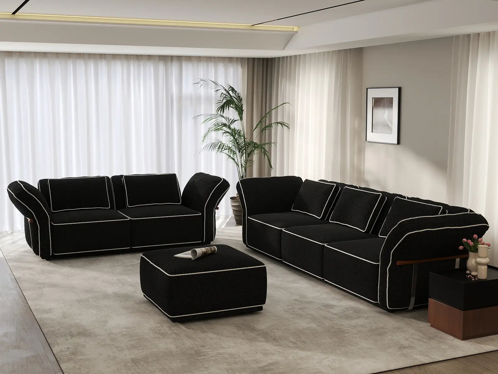 Deluxe Cloud 5-Seater Black Large Space L-Shaped Sectional | 6-Piece (Includes 1 Ottoman), Bouclé Sherpa-Like Fabric, Easy To Clean