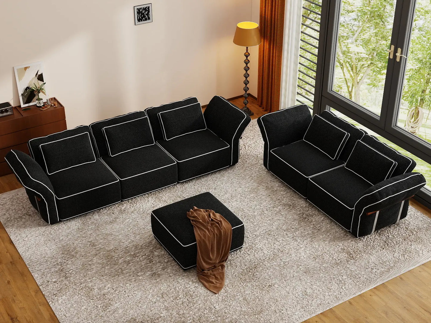 Deluxe Cloud 5-Seater Black Large Space L-Shaped Sectional | 6-Piece (Includes 1 Ottoman), Bouclé Sherpa-Like Fabric, Easy To Clean