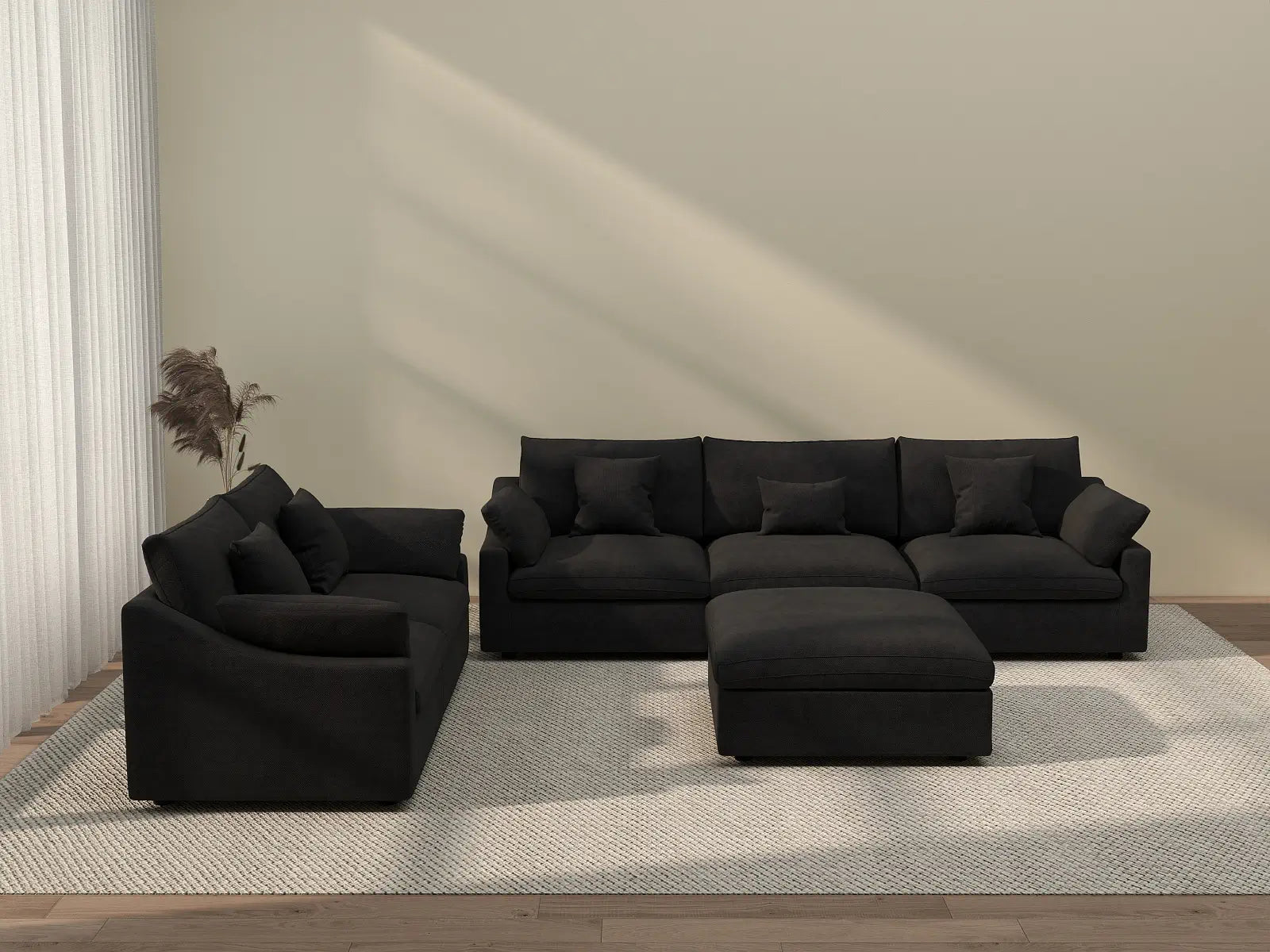 Deluxe Cloud 5-Seater Black Pit Sectional | 6-Piece (Includes 1 Ottoman), Chenille And Linen Fabric, Washable Cushion Covers