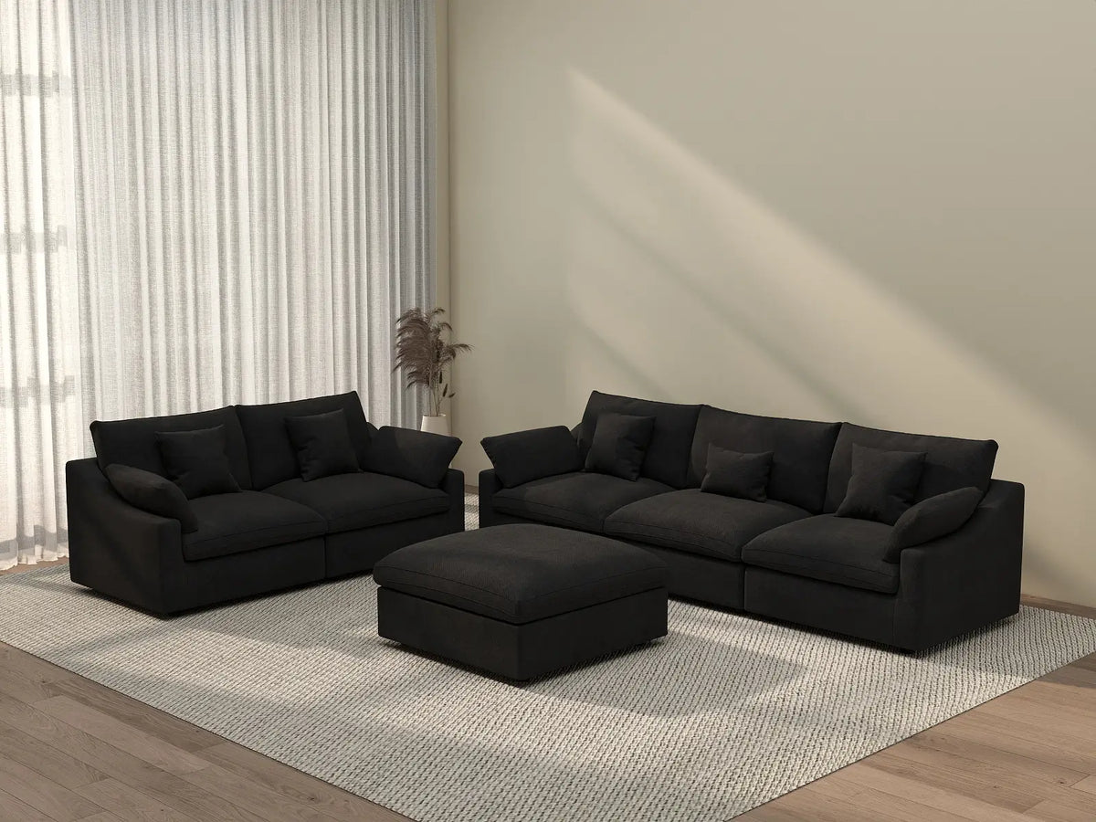 Deluxe Cloud 5-Seater Black Pit Sectional | 6-Piece (Includes 1 Ottoman), Chenille And Linen Fabric, Washable Cushion Covers