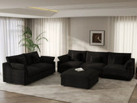 Deluxe Cloud 5-Seater Black Pit Sectional | 6-Piece (Includes 1 Ottoman), Chenille And Linen Fabric, Washable Cushion Covers