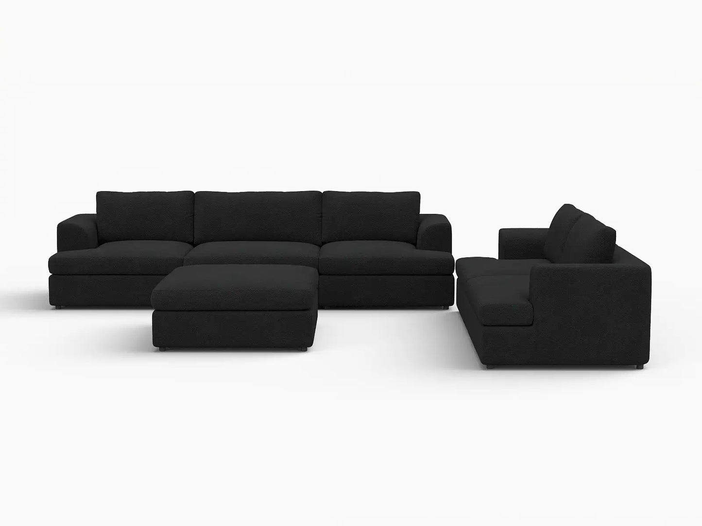 Deluxe Cloud 5-Seater Black Sofa Set | 6-Piece (Includes 1 Ottoman), Bouclé Sherpa-Like Fabric, Washable Cushion Covers