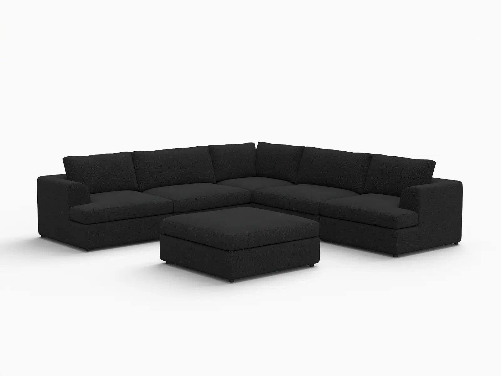 Deluxe Cloud 5-Seater Black Sofa Set | 6-Piece (Includes 1 Ottoman), Bouclé Sherpa-Like Fabric, Washable Cushion Covers