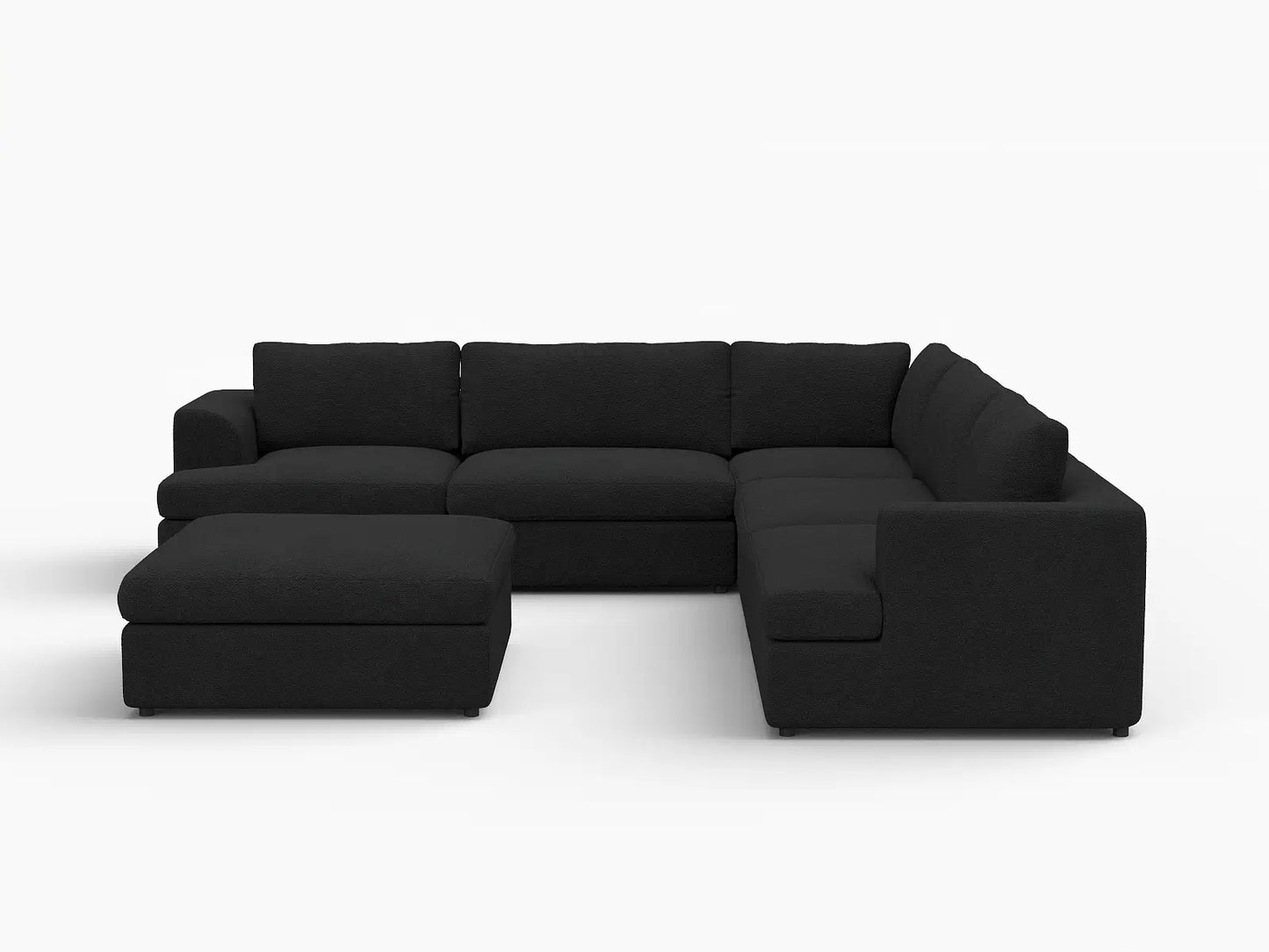 Deluxe Cloud 5-Seater Black Sofa Set | 6-Piece (Includes 1 Ottoman), Bouclé Sherpa-Like Fabric, Washable Cushion Covers
