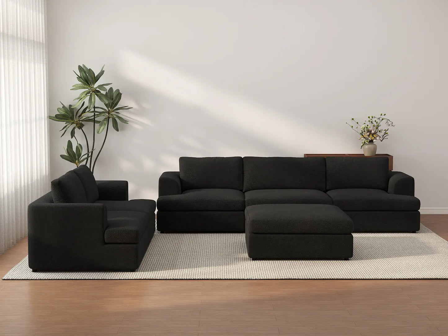 Deluxe Cloud 5-Seater Black Sofa Set | 6-Piece (Includes 1 Ottoman), Bouclé Sherpa-Like Fabric, Washable Cushion Covers