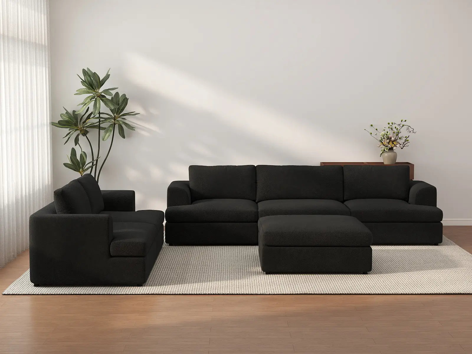 Deluxe Cloud 5-Seater Black Sofa Set | 6-Piece (Includes 1 Ottoman), Bouclé Sherpa-Like Fabric, Washable Cushion Covers