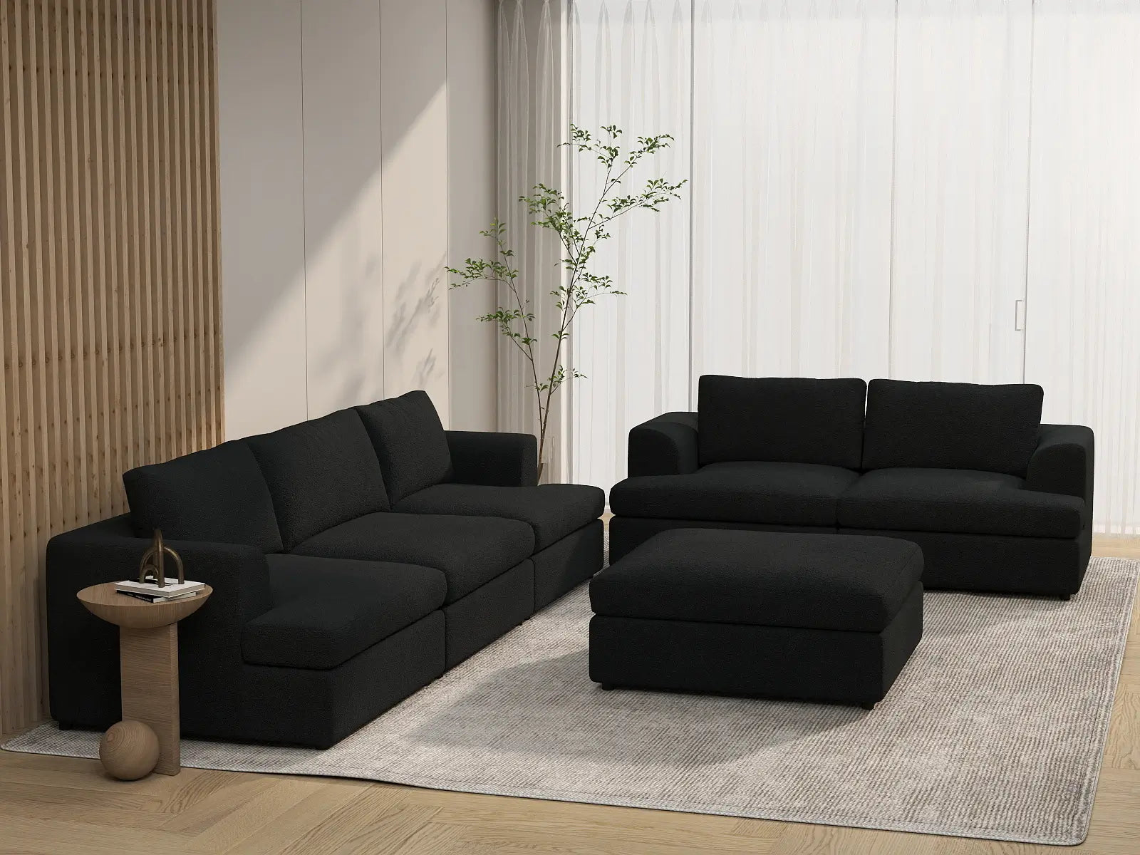 Deluxe Cloud 5-Seater Black Sofa Set | 6-Piece (Includes 1 Ottoman), Bouclé Sherpa-Like Fabric, Washable Cushion Covers