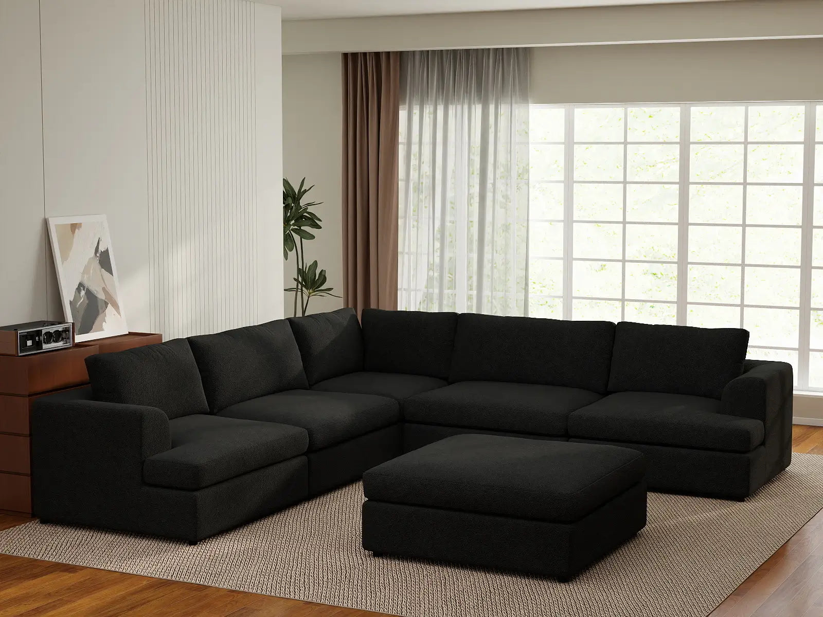 Deluxe Cloud 5-Seater Black Sofa Set | 6-Piece (Includes 1 Ottoman), Bouclé Sherpa-Like Fabric, Washable Cushion Covers