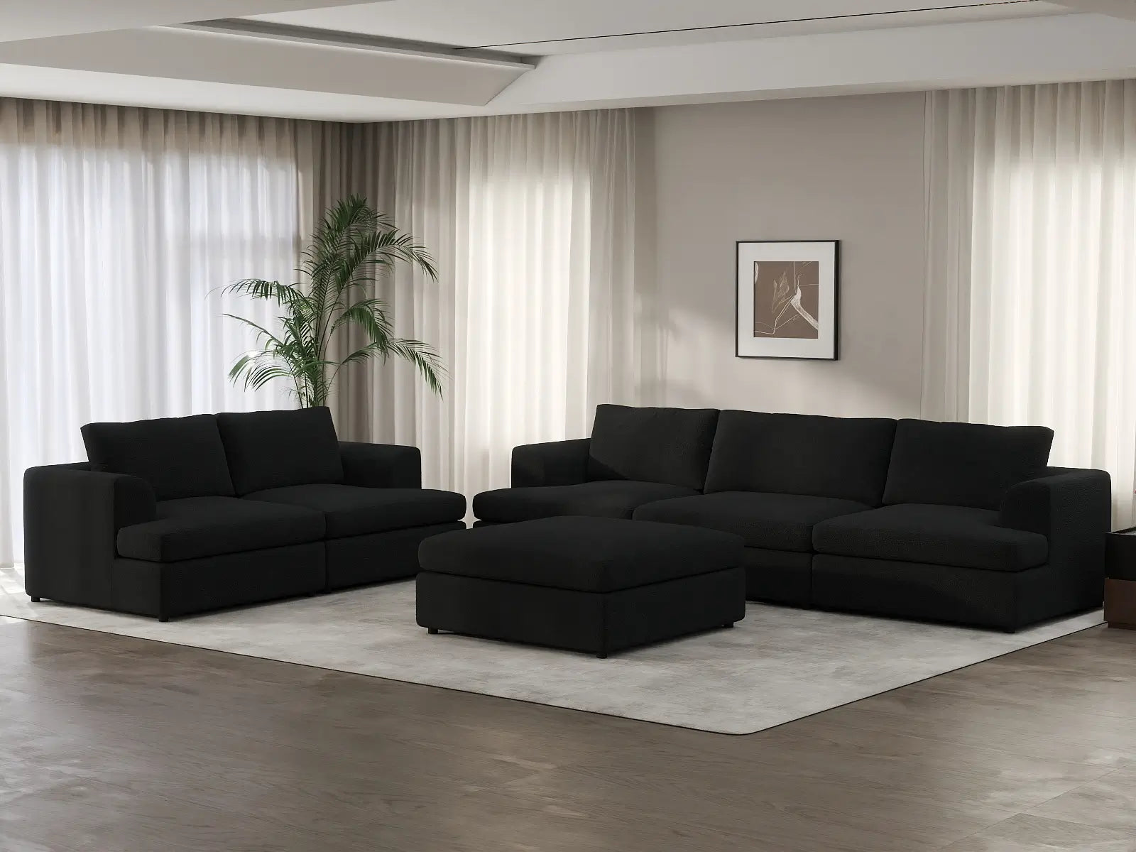 Deluxe Cloud 5-Seater Black Sofa Set | 6-Piece (Includes 1 Ottoman), Bouclé Sherpa-Like Fabric, Washable Cushion Covers