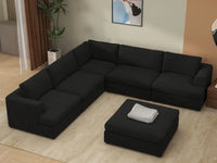 Deluxe Cloud 5-Seater Black Sofa Set | 6-Piece (Includes 1 Ottoman), Bouclé Sherpa-Like Fabric, Washable Cushion Covers