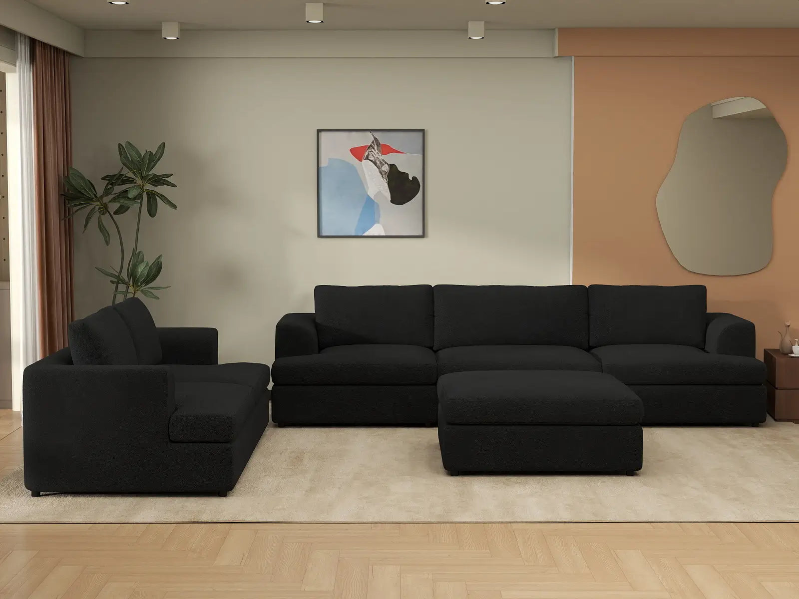 Deluxe Cloud 5-Seater Black Sofa Set | 6-Piece (Includes 1 Ottoman), Bouclé Sherpa-Like Fabric, Washable Cushion Covers
