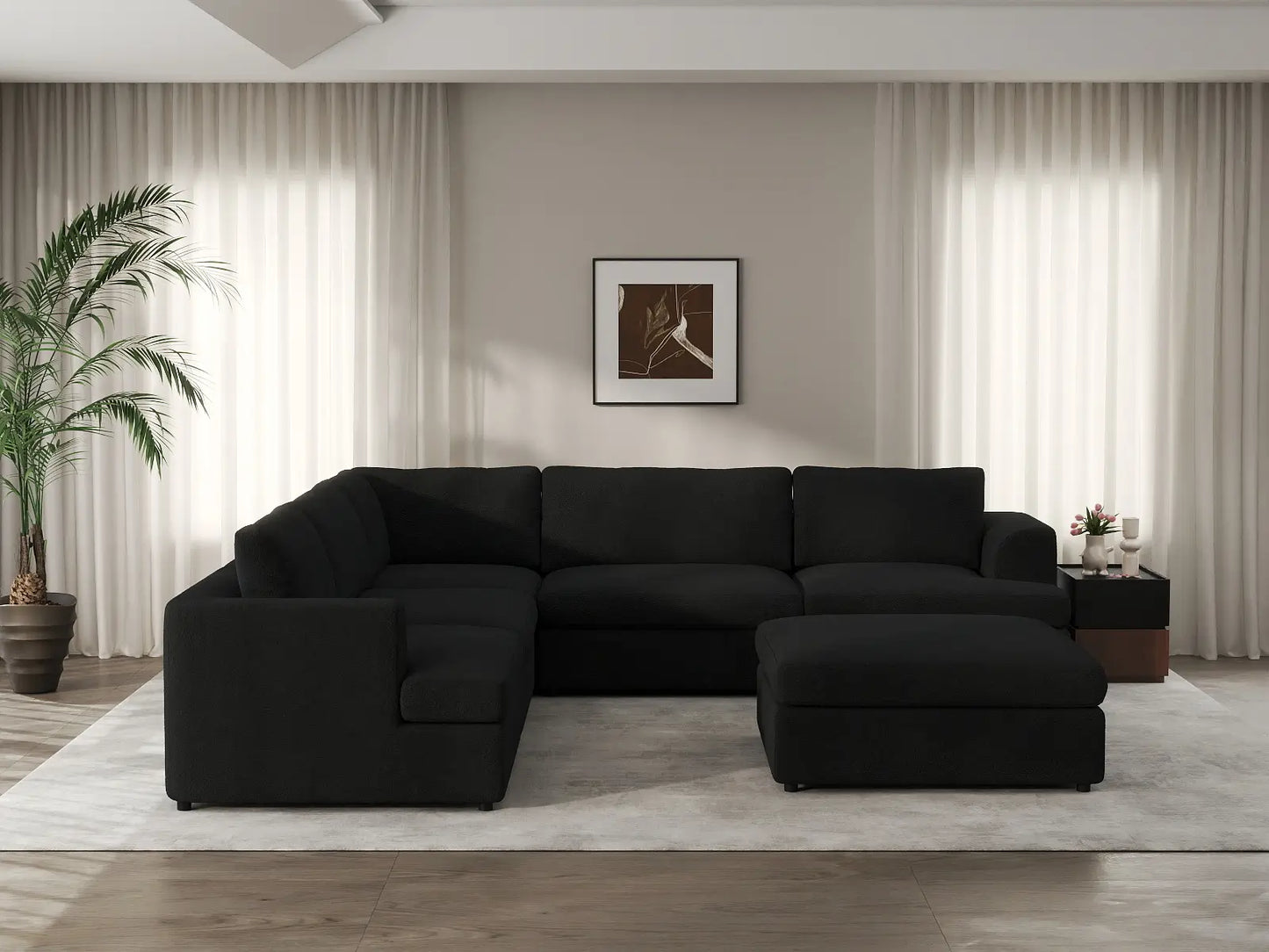 Deluxe Cloud 5-Seater Black Sofa Set | 6-Piece (Includes 1 Ottoman), Bouclé Sherpa-Like Fabric, Washable Cushion Covers