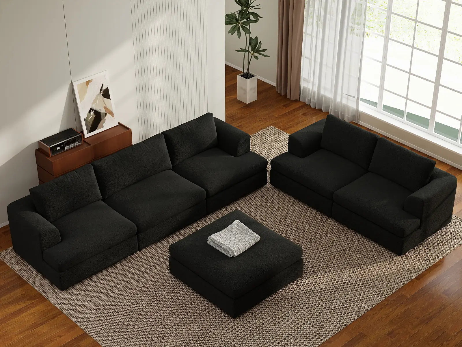Deluxe Cloud 5-Seater Black Sofa Set | 6-Piece (Includes 1 Ottoman), Bouclé Sherpa-Like Fabric, Washable Cushion Covers