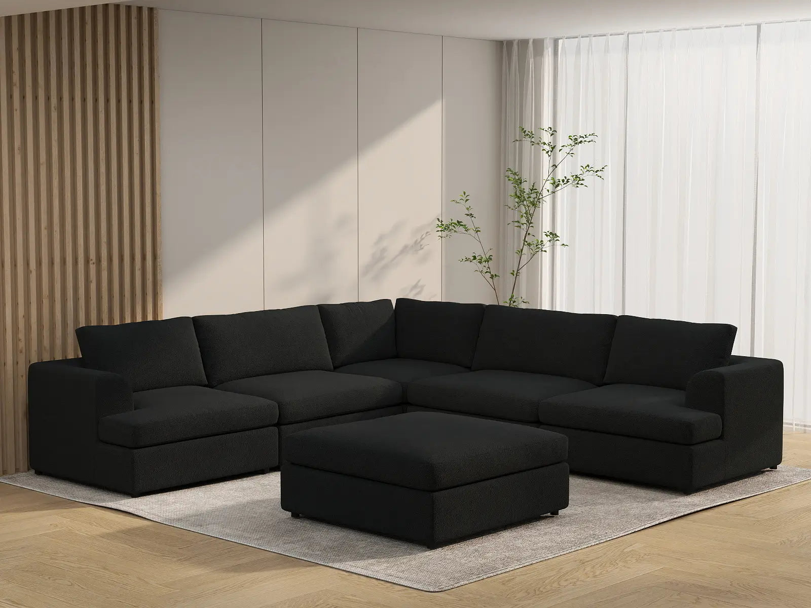 Deluxe Cloud 5-Seater Black Sofa Set | 6-Piece (Includes 1 Ottoman), Bouclé Sherpa-Like Fabric, Washable Cushion Covers