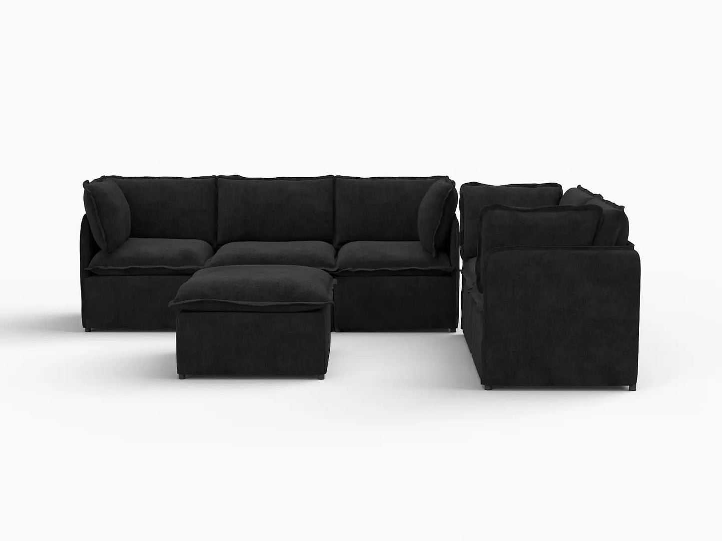 Deluxe Cloud 5-Seater Black Sofa Set | 6-Piece (Includes 1 Ottoman), Linen Look Poly Fabric, Washable Cushion Covers