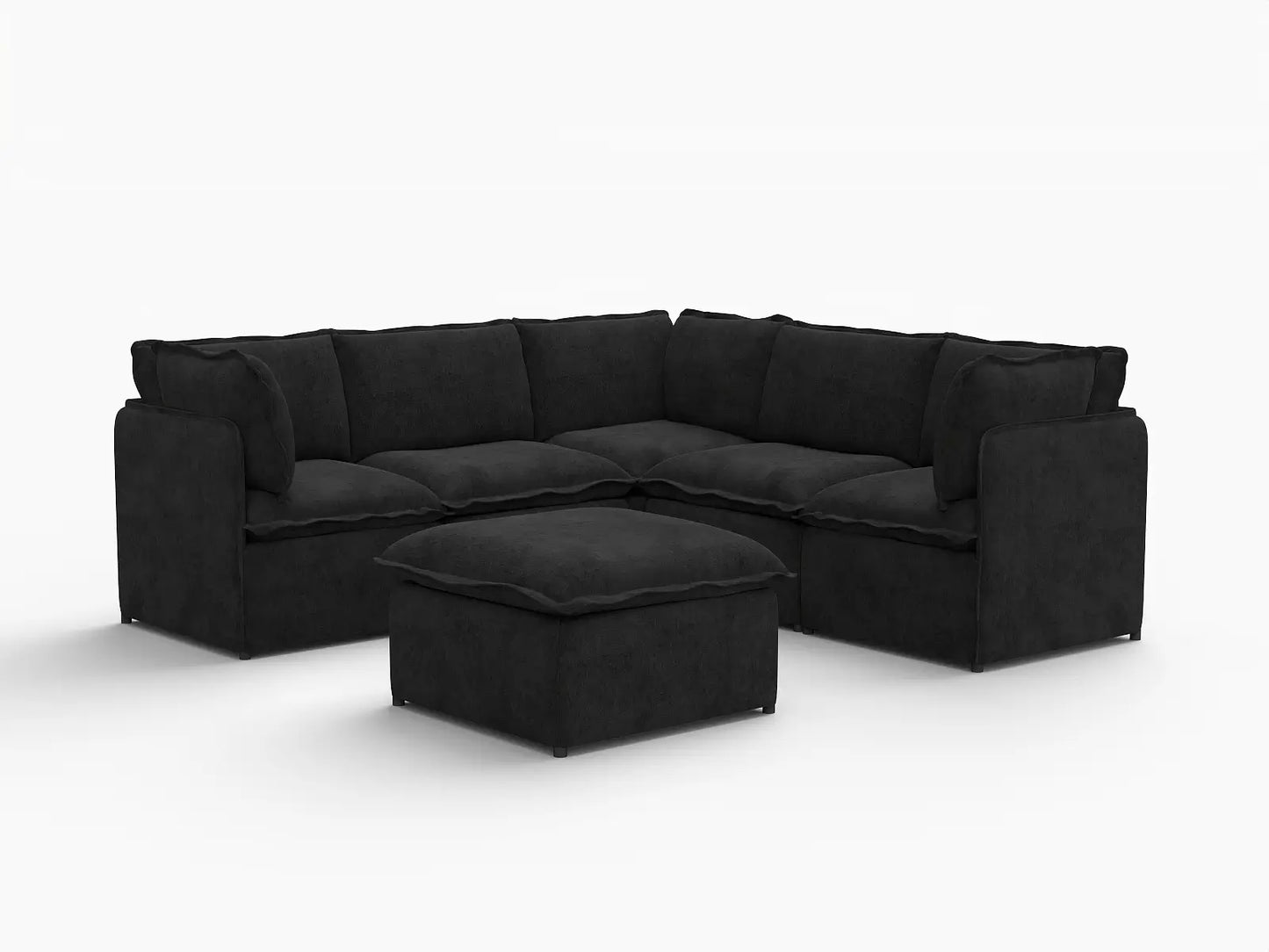 Deluxe Cloud 5-Seater Black Sofa Set | 6-Piece (Includes 1 Ottoman), Linen Look Poly Fabric, Washable Cushion Covers