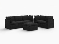 Deluxe Cloud 5-Seater Black Sofa Set | 6-Piece (Includes 1 Ottoman), Linen Look Poly Fabric, Washable Cushion Covers