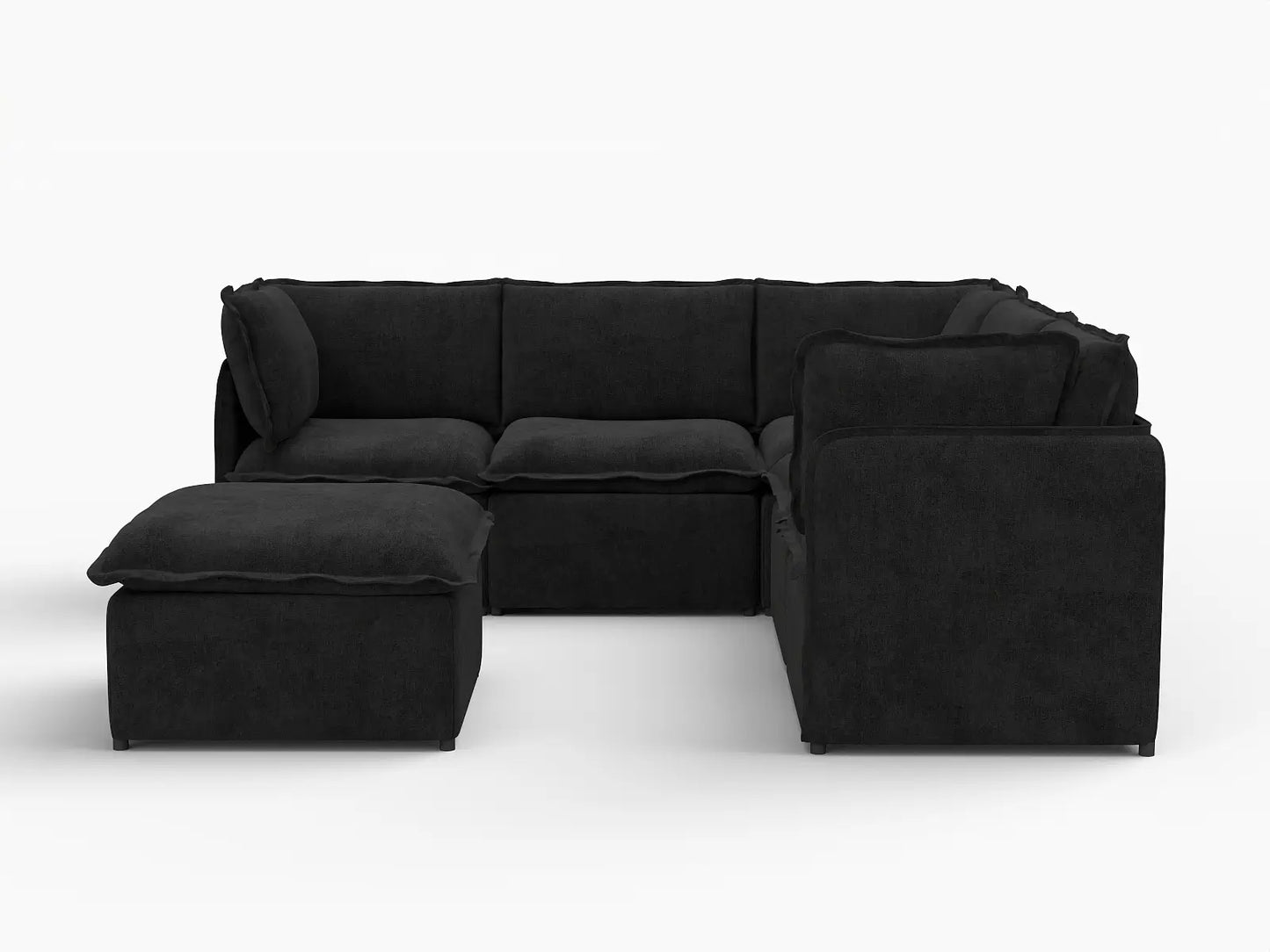 Deluxe Cloud 5-Seater Black Sofa Set | 6-Piece (Includes 1 Ottoman), Linen Look Poly Fabric, Washable Cushion Covers